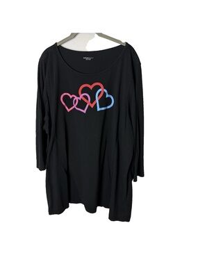 Avenue Body T-Shirt Plus Size 26 28 Top  3/4 Sleeve Black Cotton Blend Hearts